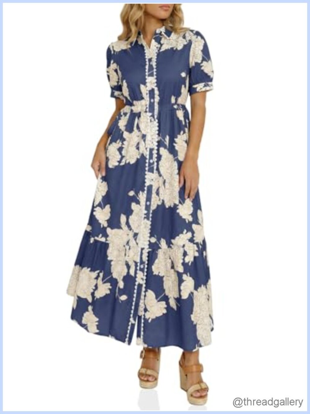 Womens Floral Maxi Shirt Dress Short Sleeve Button Down Drawstring Waist Summer